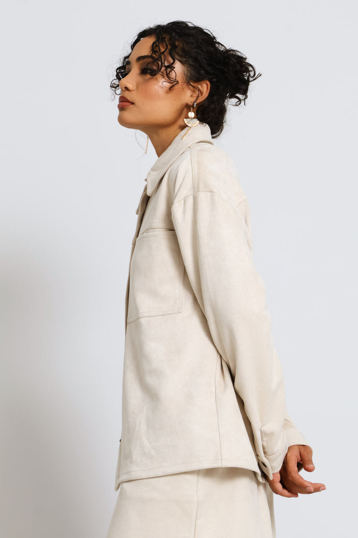 Press Stud Detail Suede Shacket - Light Stone