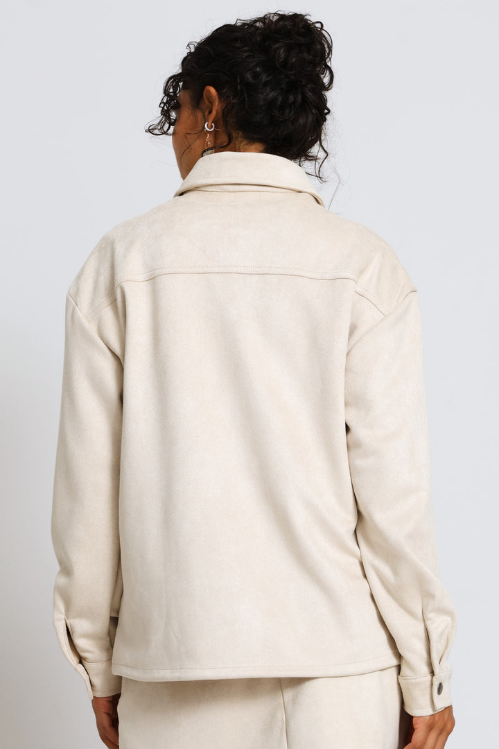 Press Stud Detail Suede Shacket - Light Stone