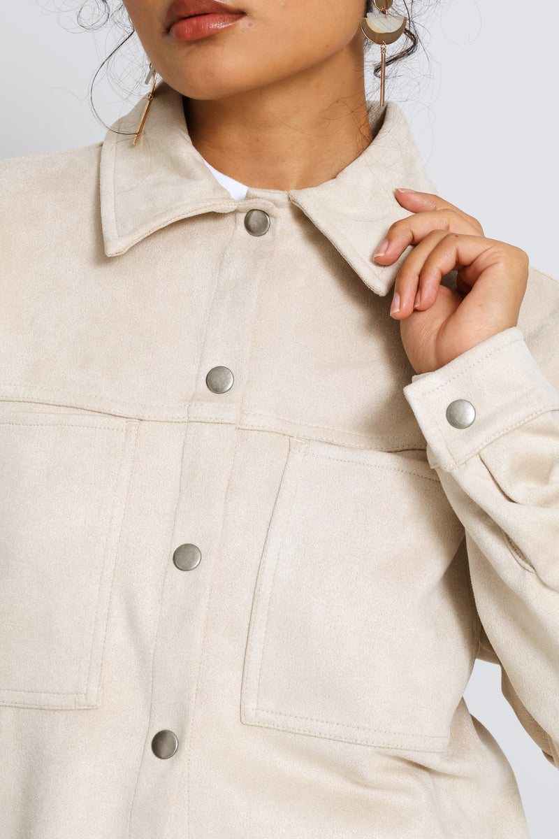Press Stud Detail Suede Shacket - Light Stone