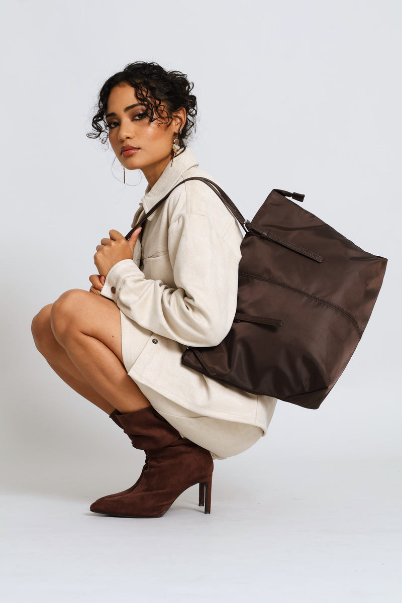 Nylon Buckle Detail Shopper Bag - Chocolate