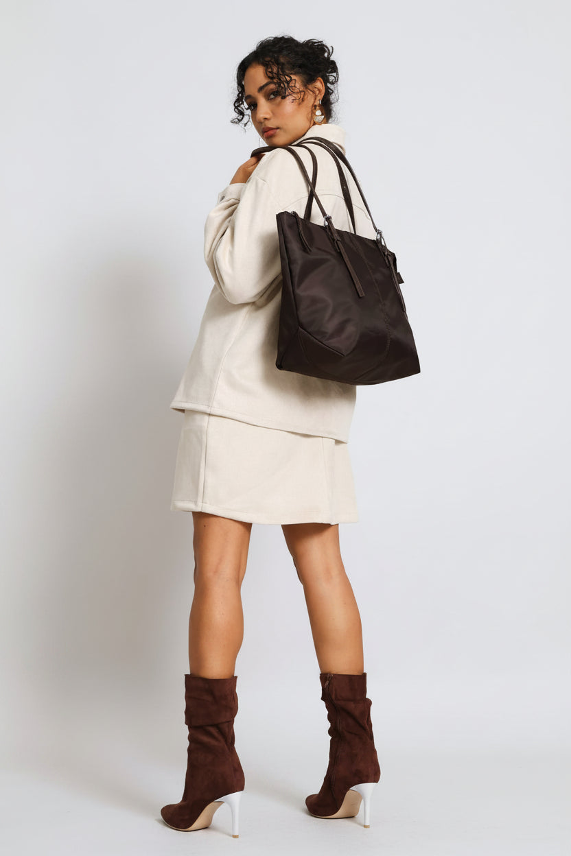 Nylon Buckle Detail Shopper Bag - Chocolate