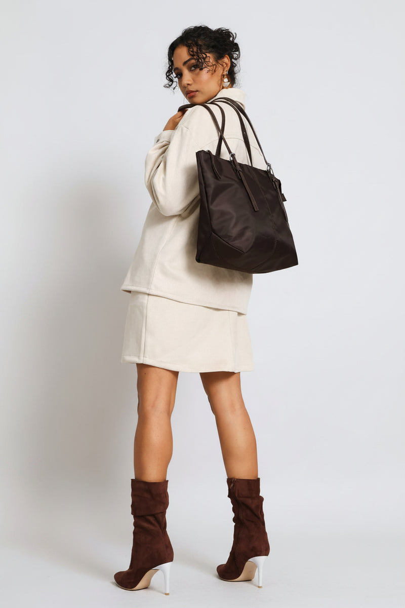 Nylon Buckle Detail Shopper Bag - Chocolate
