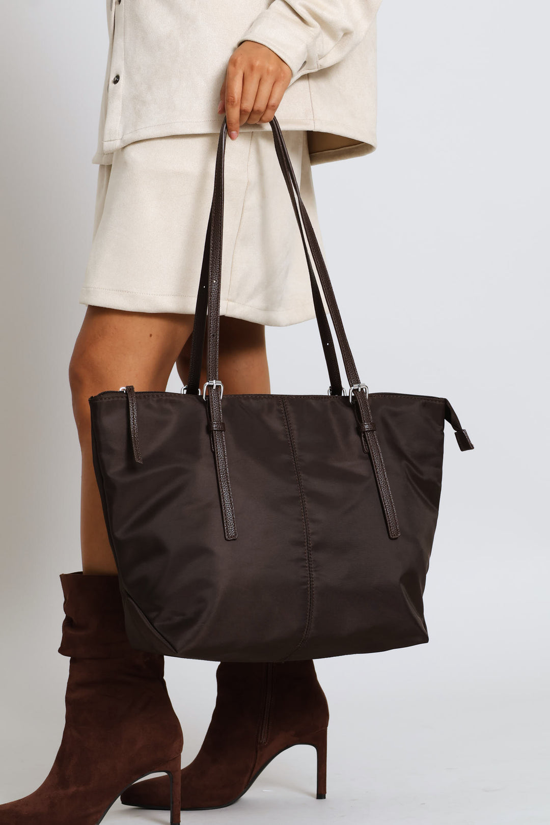 Nylon Buckle Detail Shopper Bag - Chocolate