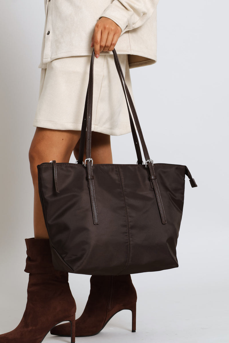 Nylon Buckle Detail Shopper Bag - Chocolate