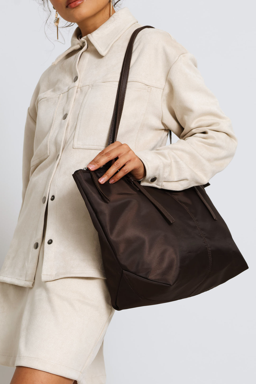 Nylon Buckle Detail Shopper Bag - Chocolate