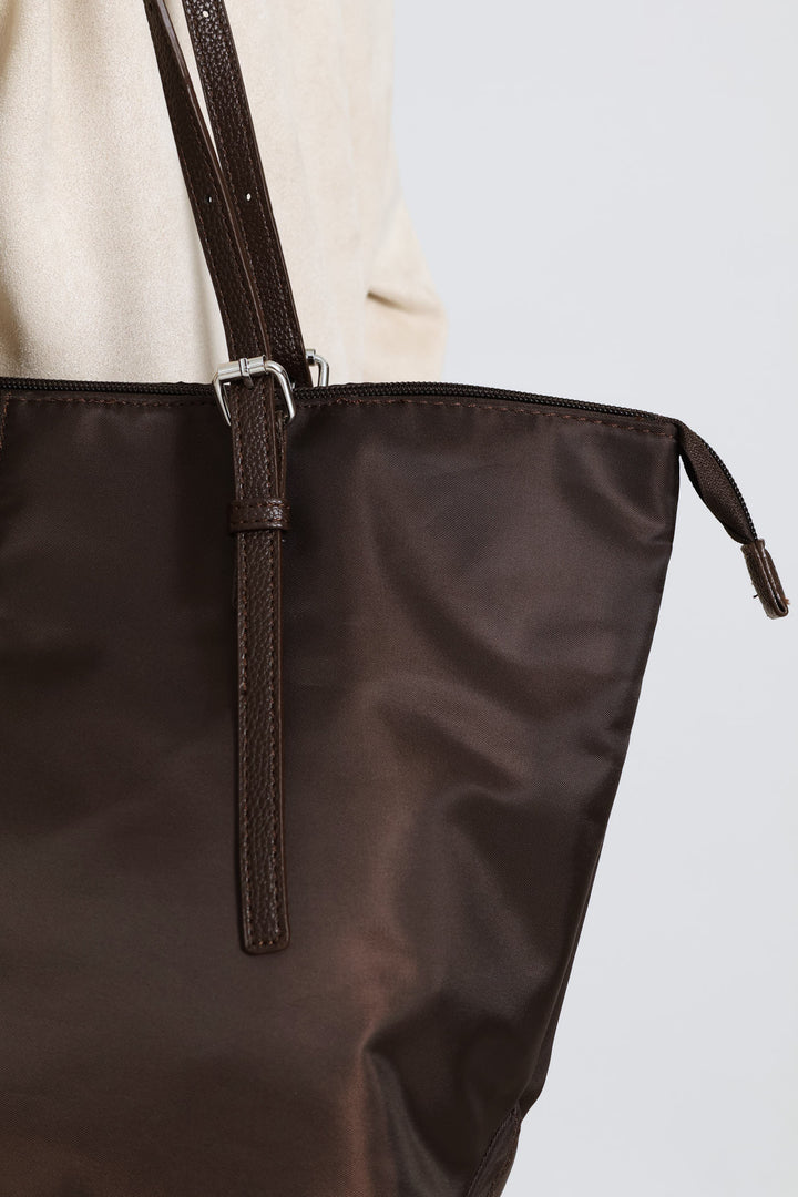 Nylon Buckle Detail Shopper Bag - Chocolate