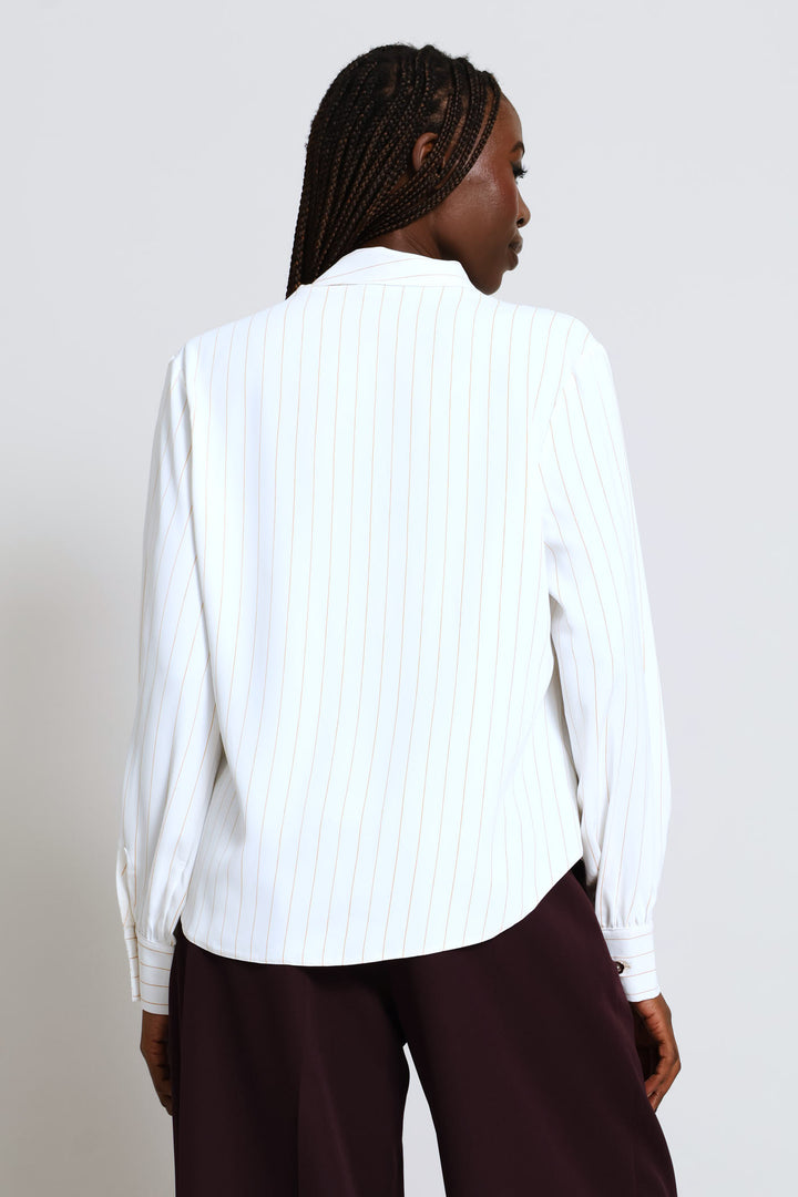 Kitty Bow Metal Trim Striped Blouse - Cream