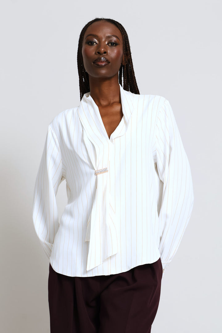Kitty Bow Metal Trim Striped Blouse - Cream