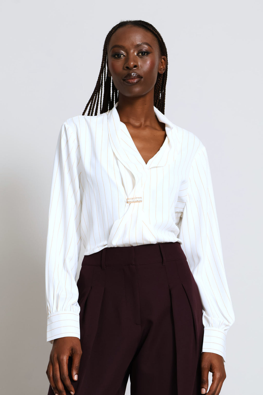 Kitty Bow Metal Trim Striped Blouse - Cream