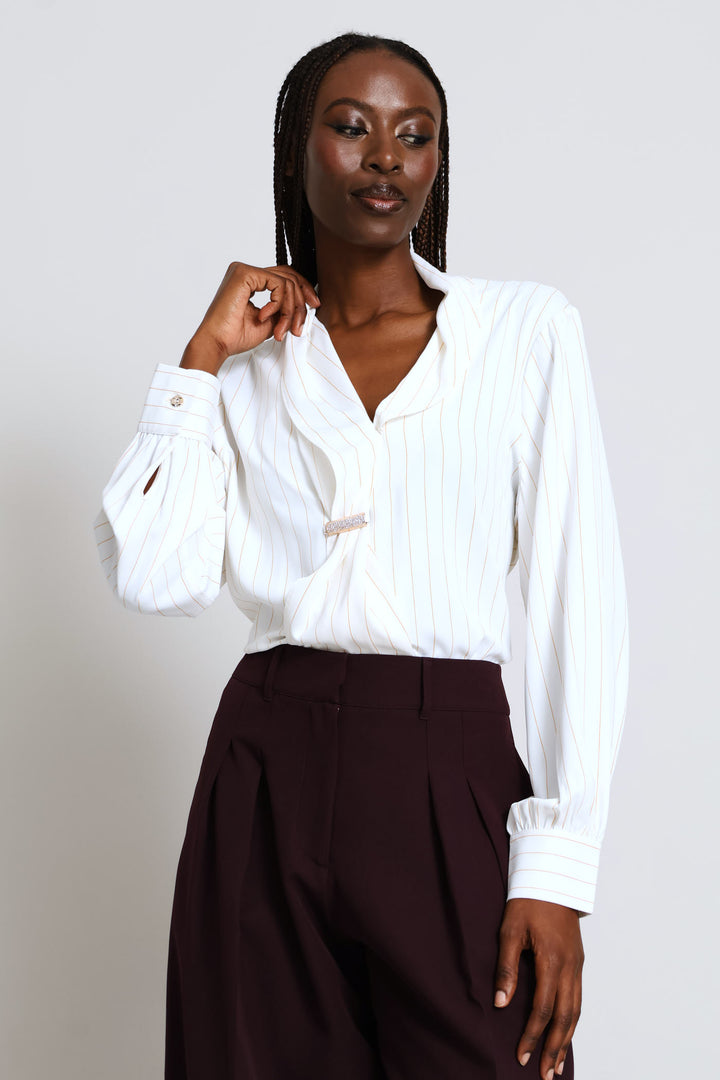 Kitty Bow Metal Trim Striped Blouse - Cream
