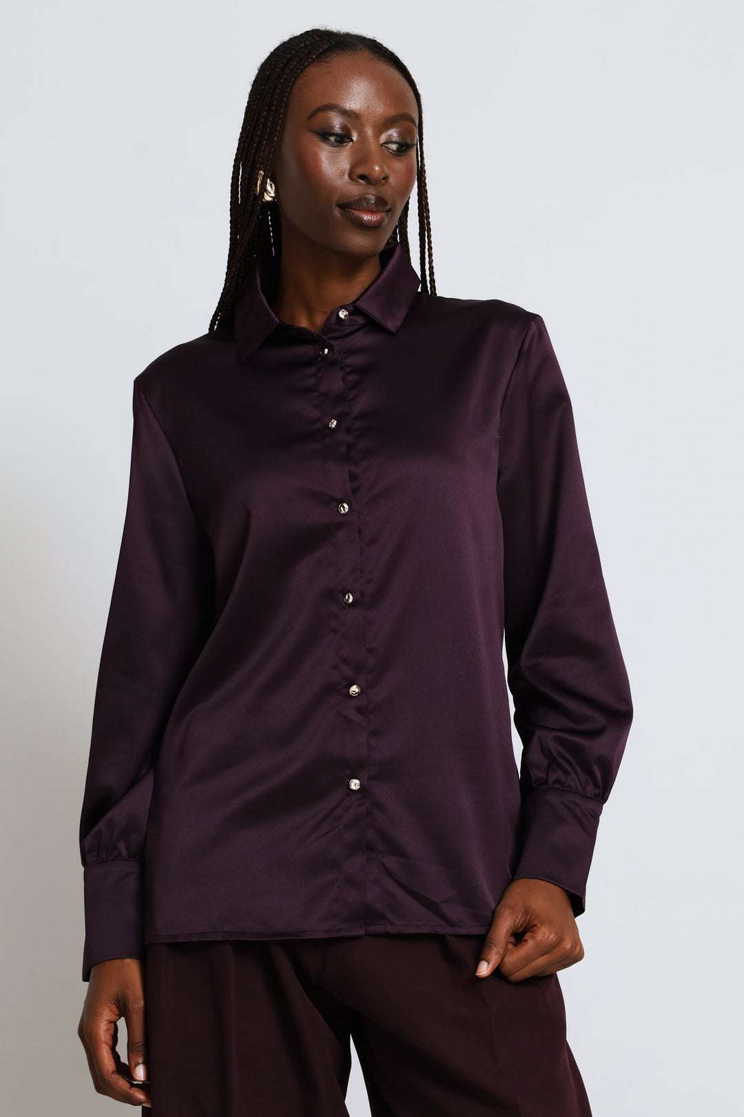 Fancy Button Satin Shirt - Purple