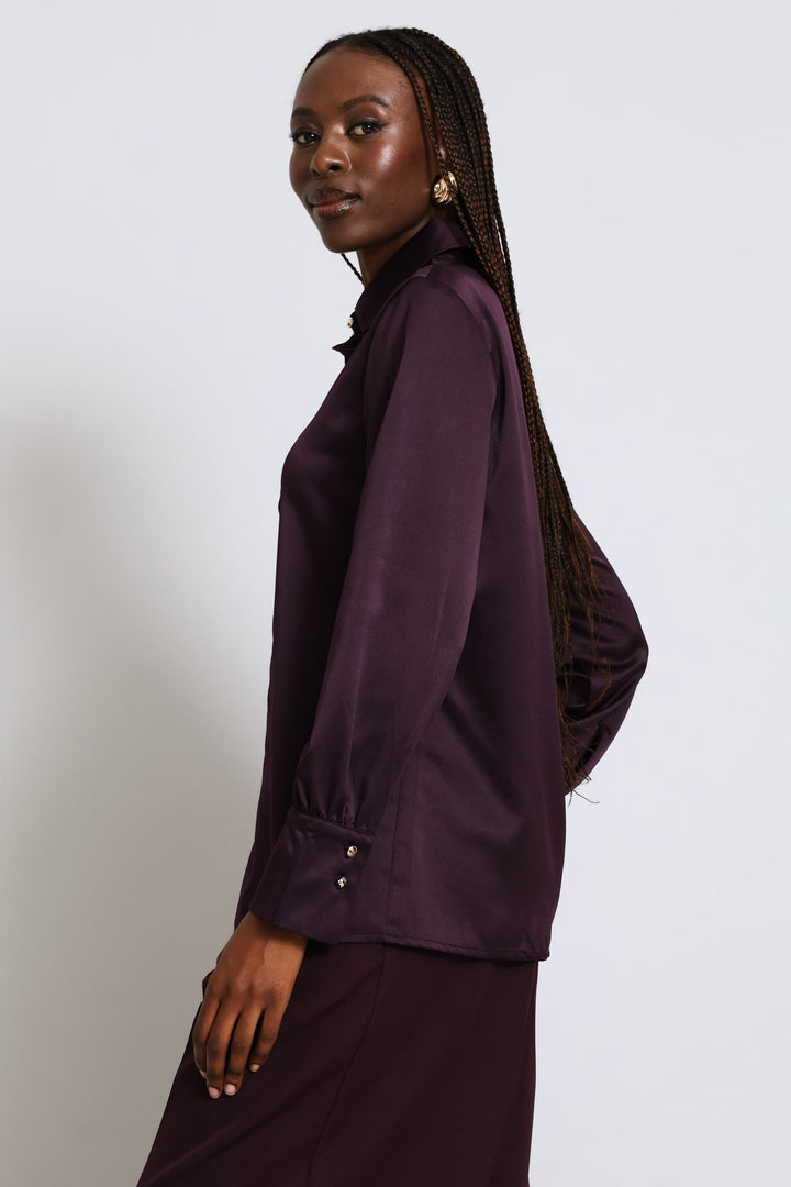Fancy Button Satin Shirt - Purple