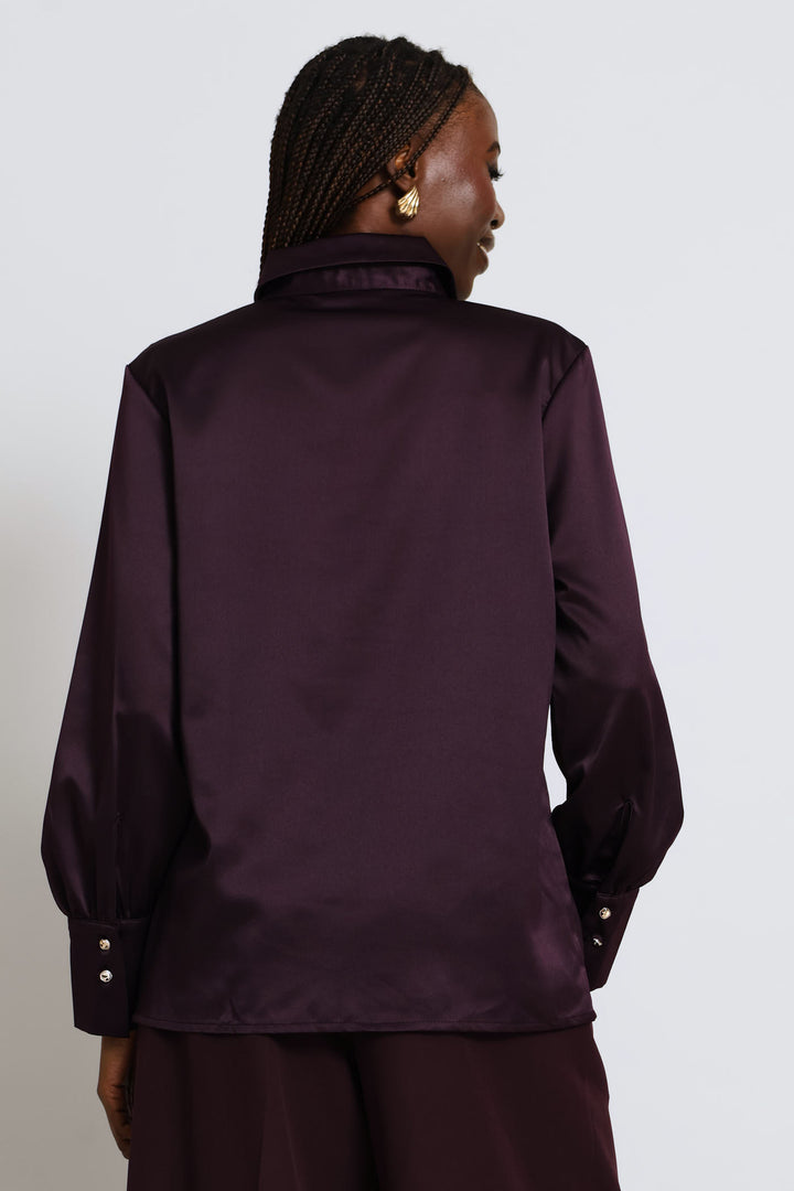 Fancy Button Satin Shirt - Purple