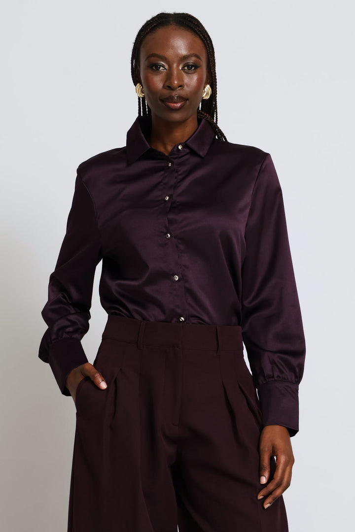 Fancy Button Satin Shirt - Purple