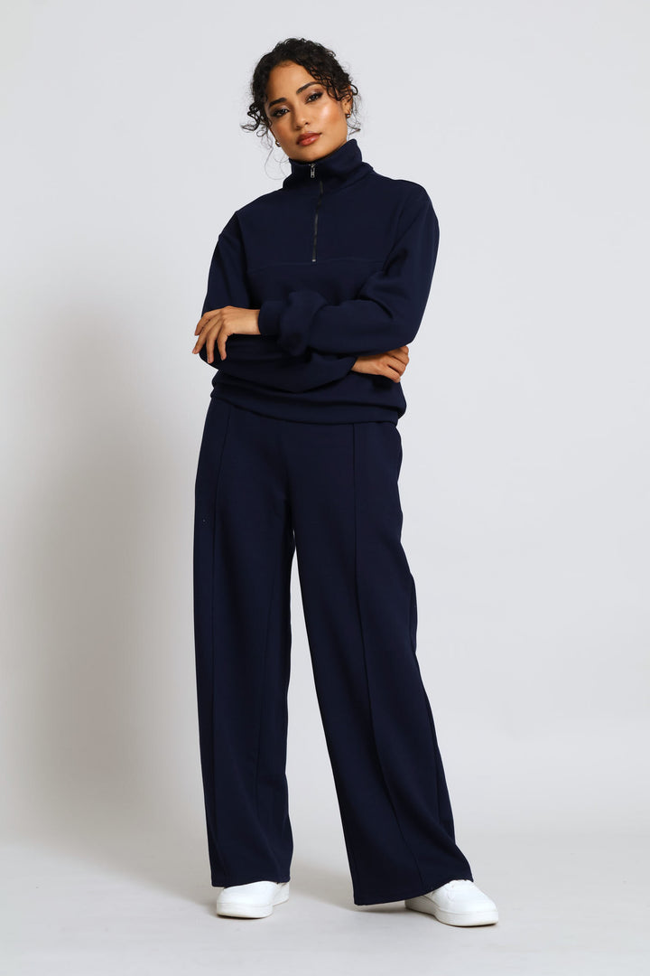 Plush Pintuck Wide Leg Track Pant - Navy