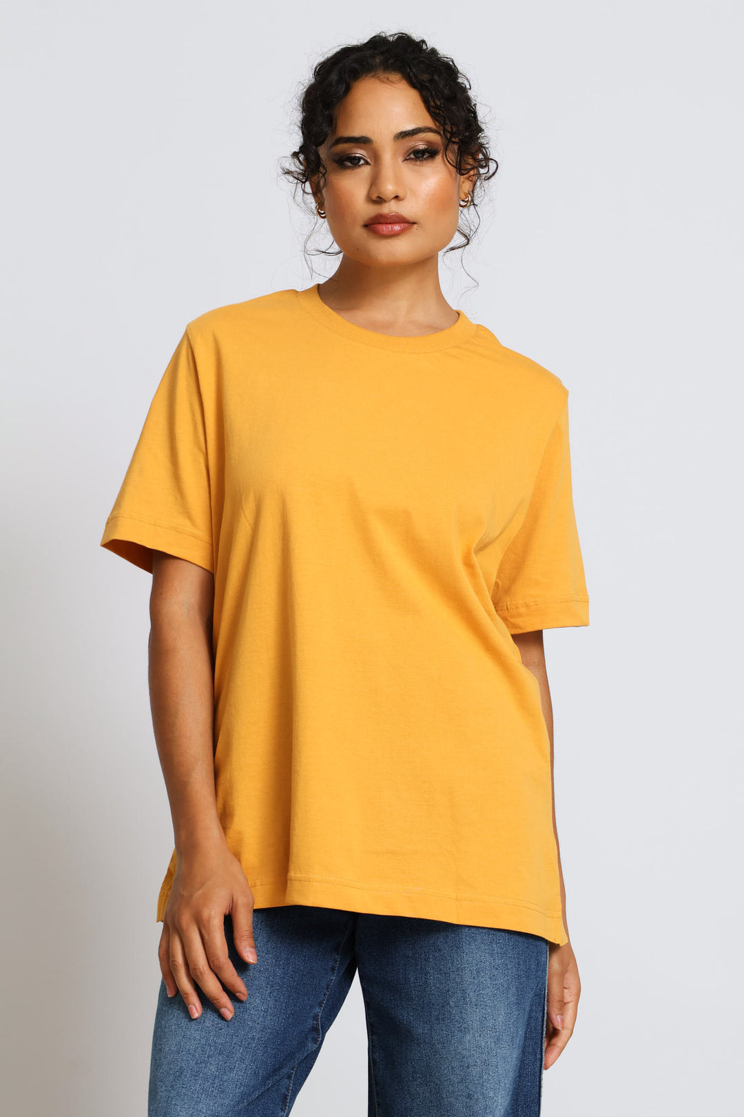 Rib Neck Cotton Boxy Tee - Tumeric