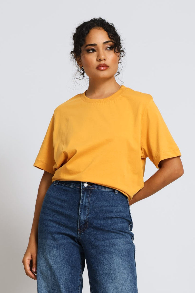 Rib Neck Cotton Boxy Tee - Tumeric