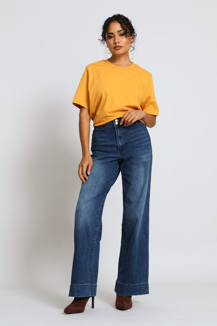Rib Neck Cotton Boxy Tee - Tumeric