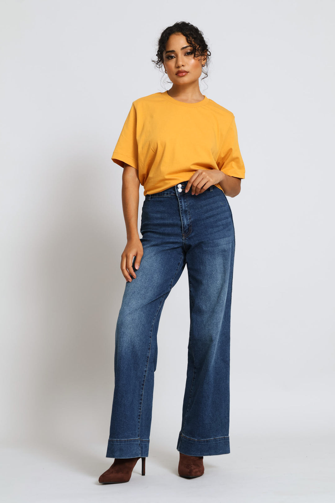 Hi-Rise Double Button Crease Front Wide Leg Denim - Medium Wash