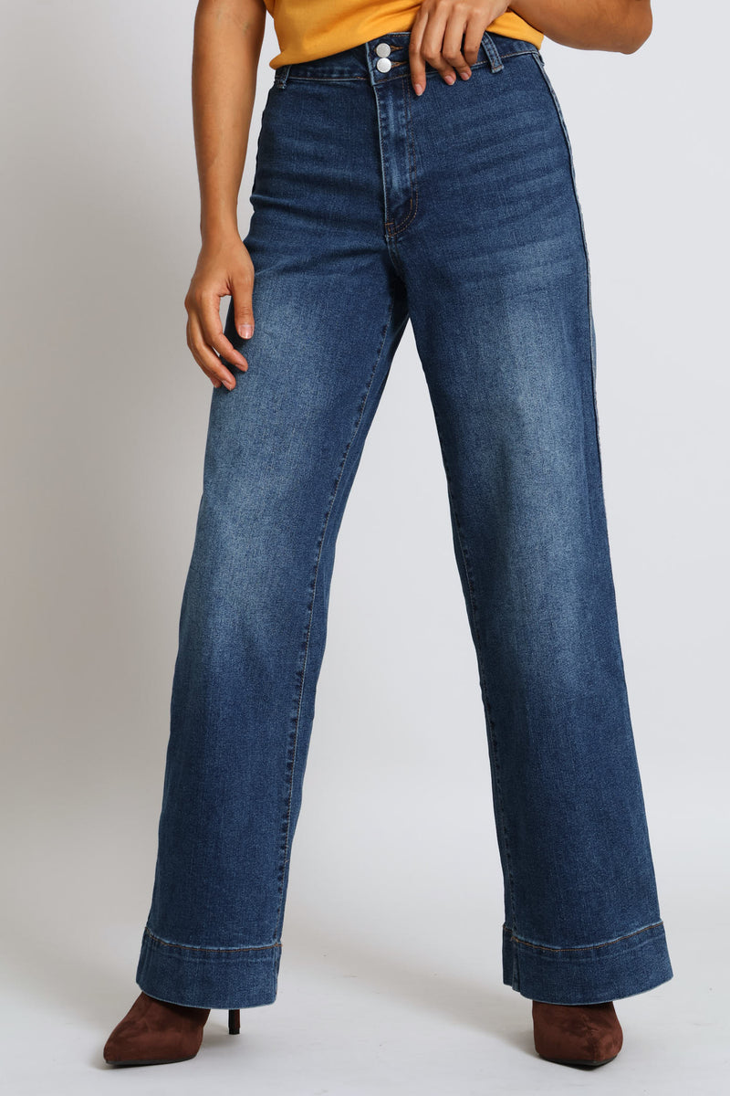 Hi-Rise Double Button Crease Front Wide Leg Denim - Medium Wash