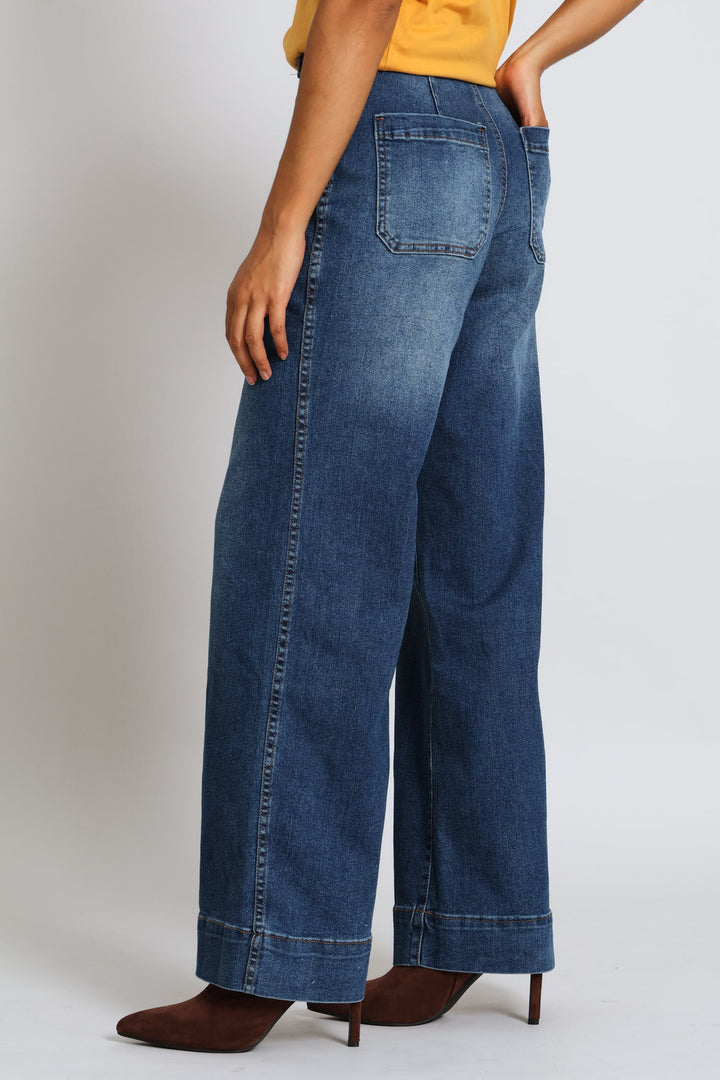 Hi-Rise Double Button Crease Front Wide Leg Denim - Medium Wash