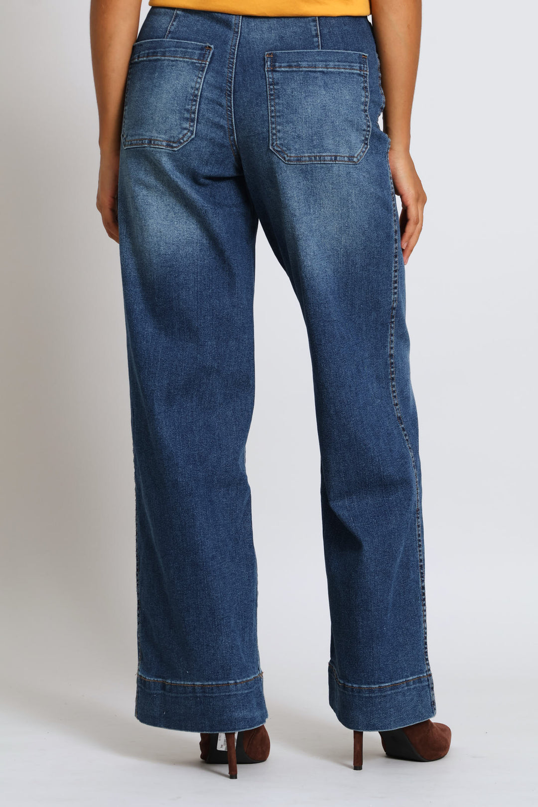 Hi-Rise Double Button Crease Front Wide Leg Denim - Medium Wash