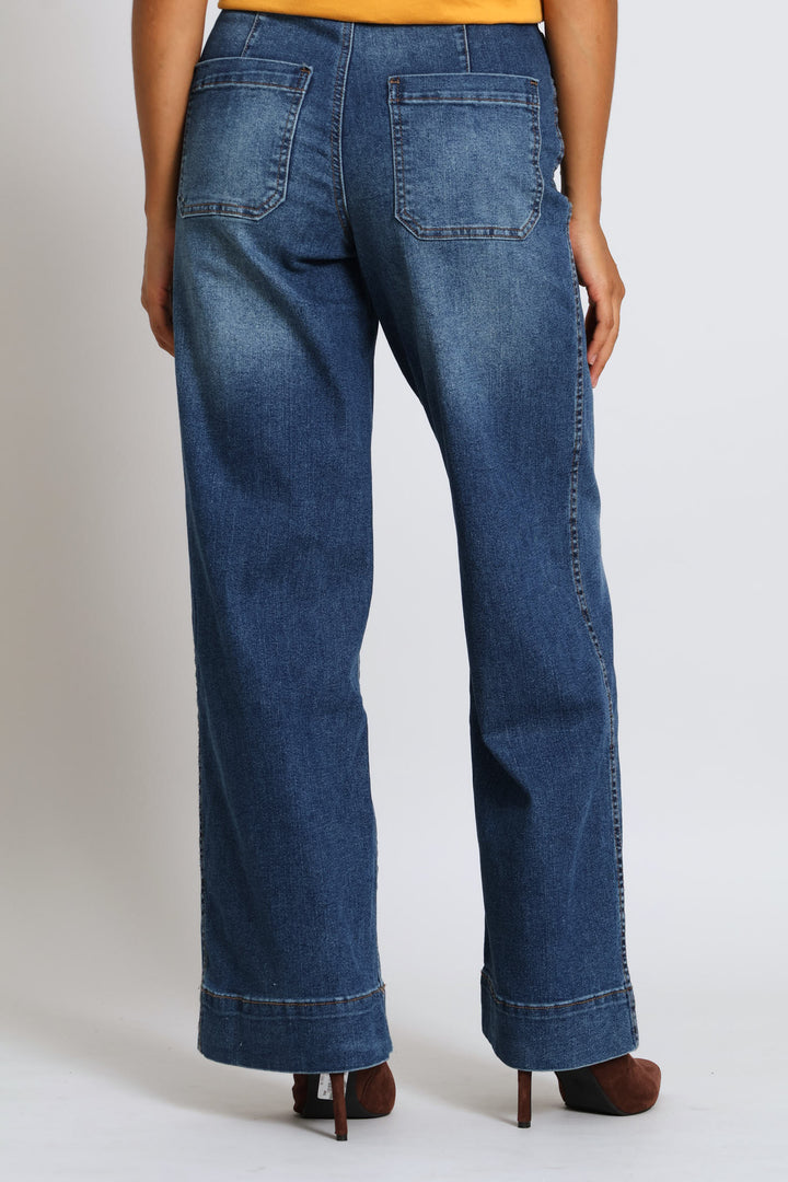 Hi-Rise Double Button Crease Front Wide Leg Denim - Medium Wash