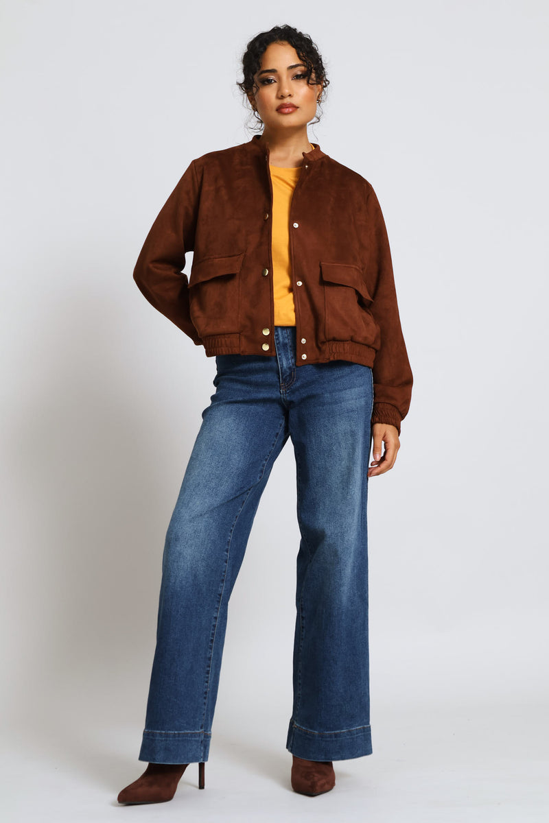 Pocket Detail Suede Bomber Jacket - Chocolate