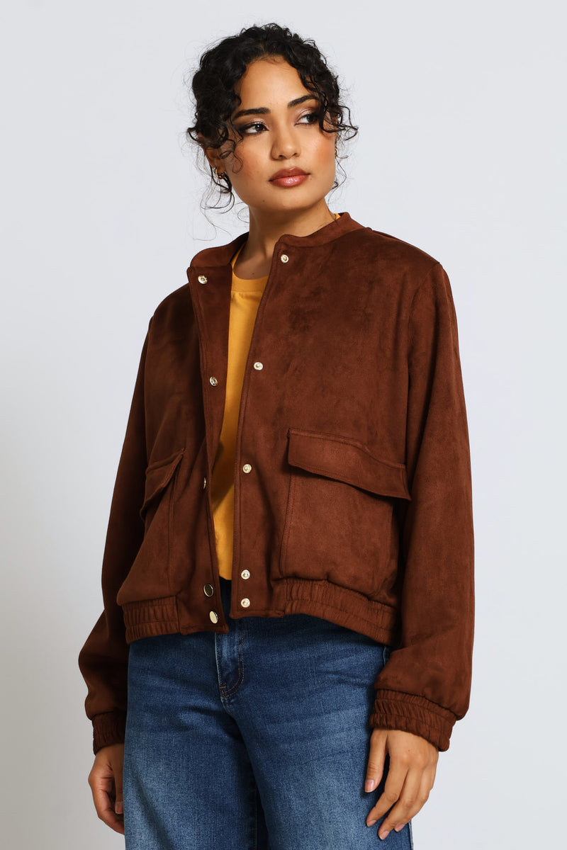 Pocket Detail Suede Bomber Jacket - Chocolate