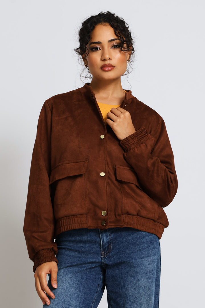 Pocket Detail Suede Bomber Jacket - Chocolate