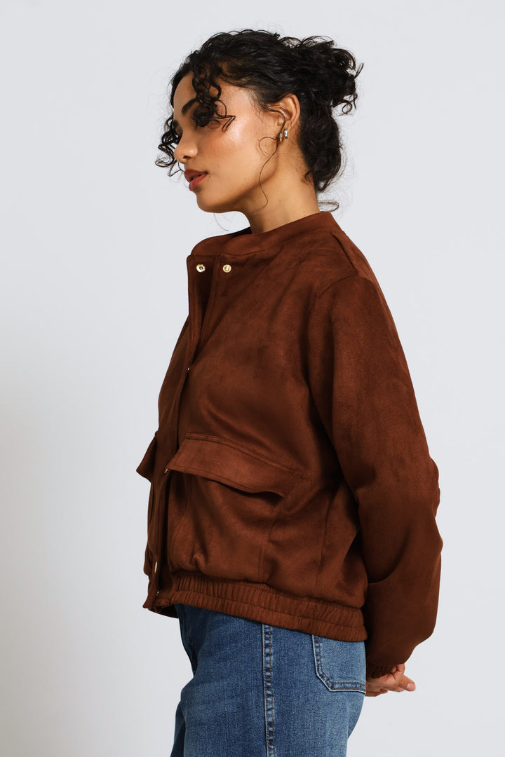 Pocket Detail Suede Bomber Jacket - Chocolate