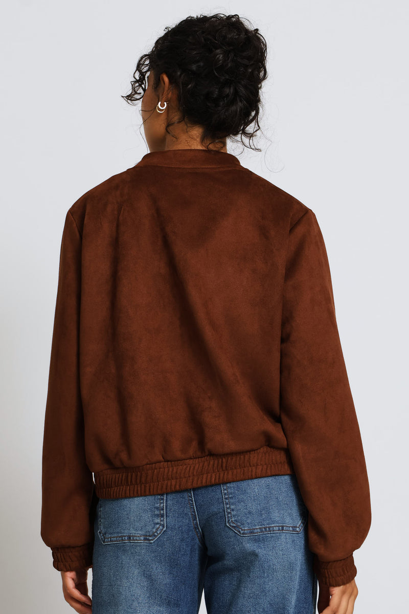 Pocket Detail Suede Bomber Jacket - Chocolate
