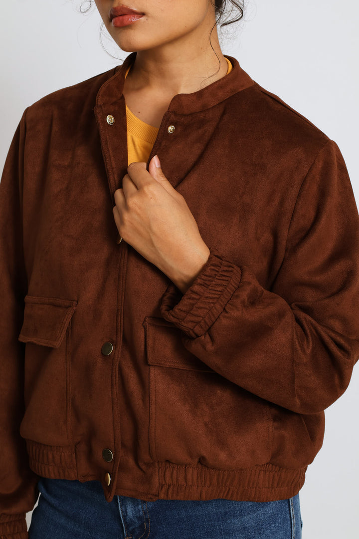 Pocket Detail Suede Bomber Jacket - Chocolate