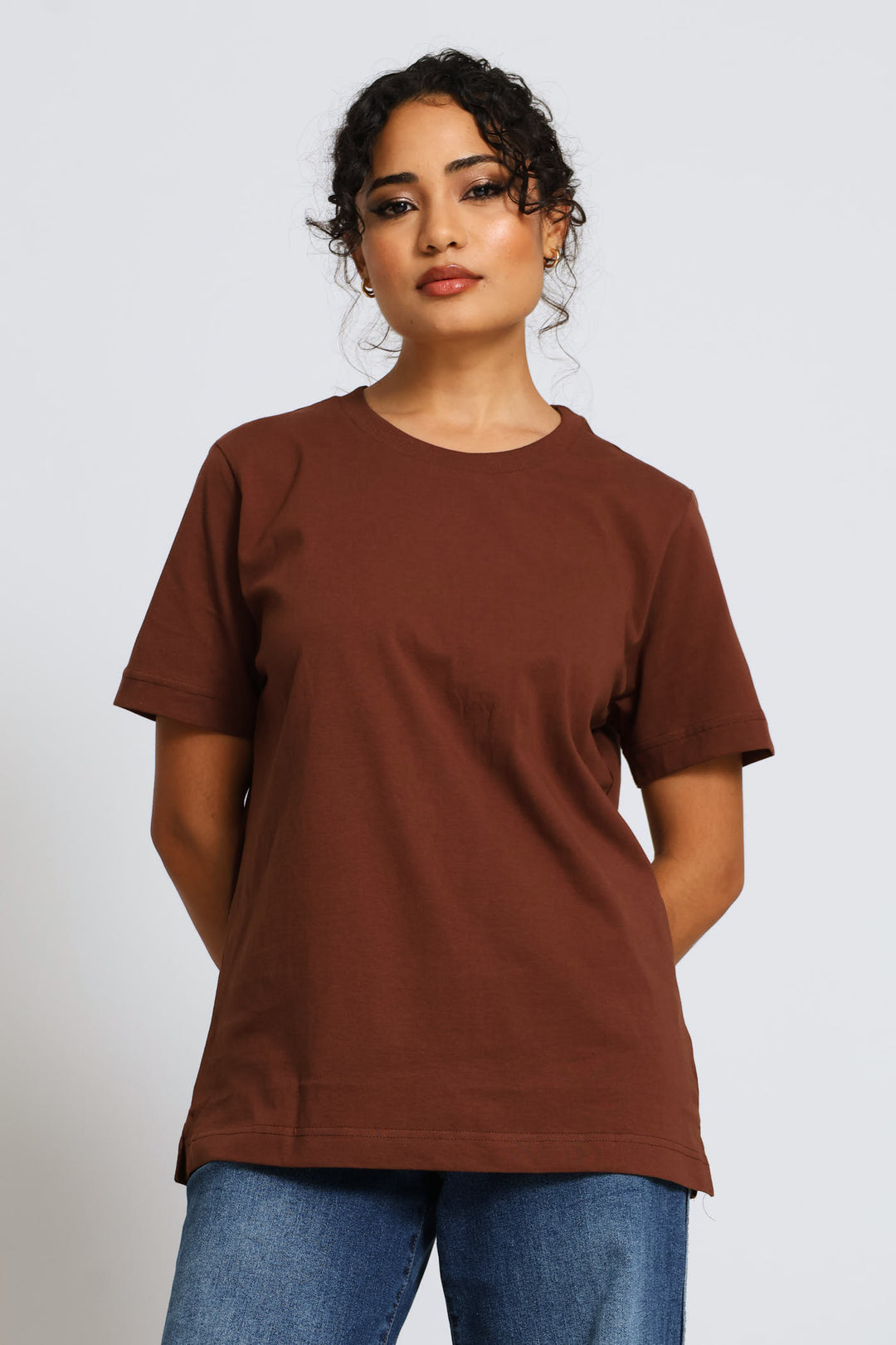 Rib Neck Cotton Boxy Tee - Chocolate