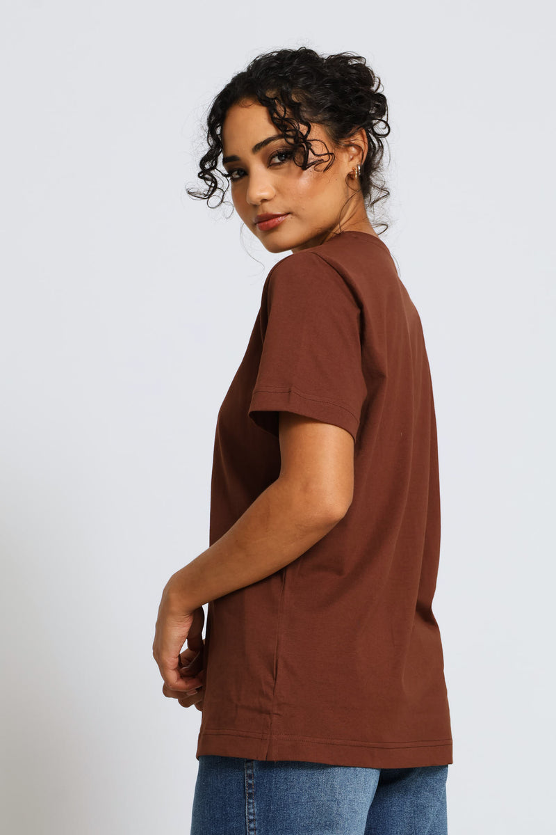 Rib Neck Cotton Boxy Tee - Chocolate