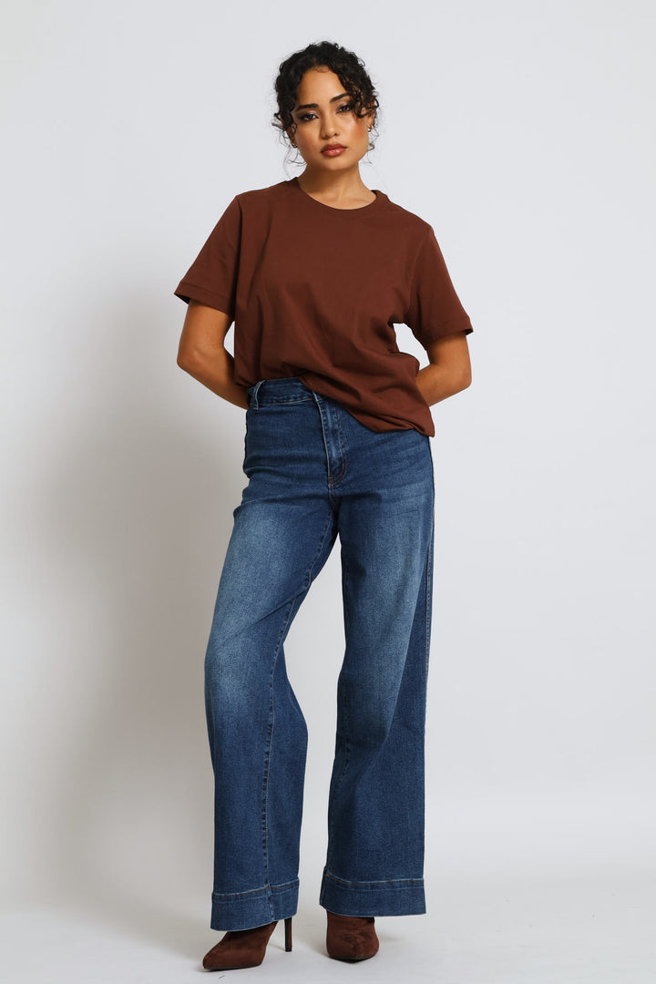 Rib Neck Cotton Boxy Tee - Chocolate