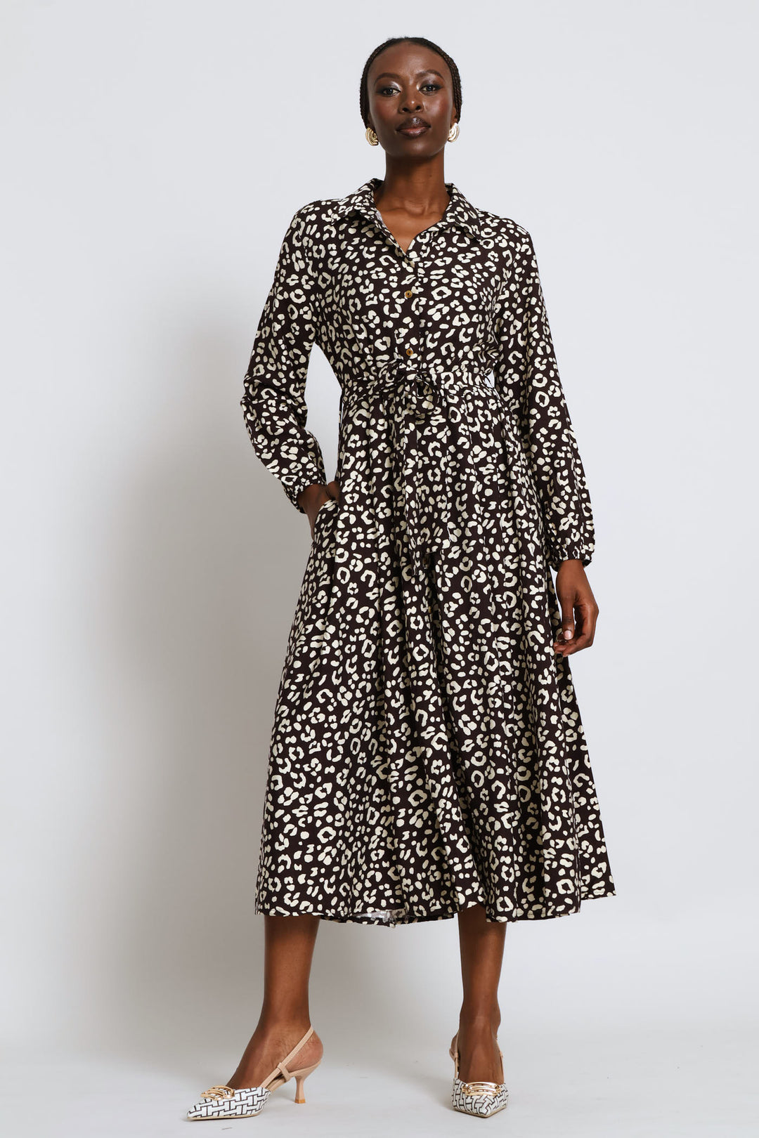 Utility Pocket Fit & Flair Pleated Midaxi Shirt Dress - Cream/Chocolate