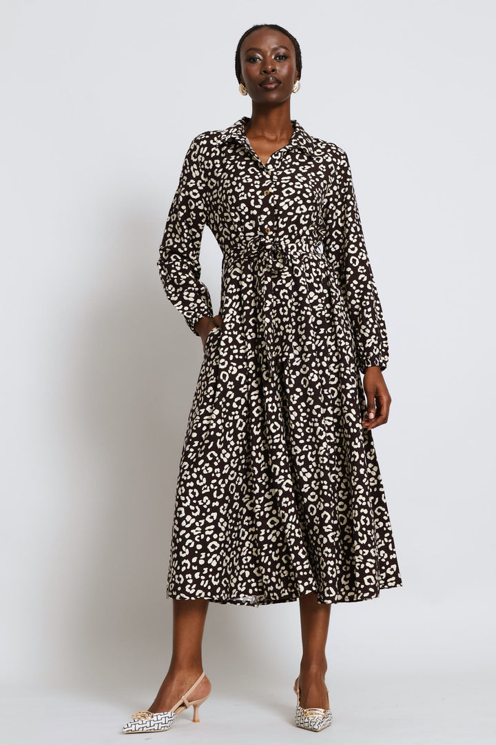 Utility Pocket Fit & Flair Pleated Midaxi Shirt Dress - Cream/Chocolate
