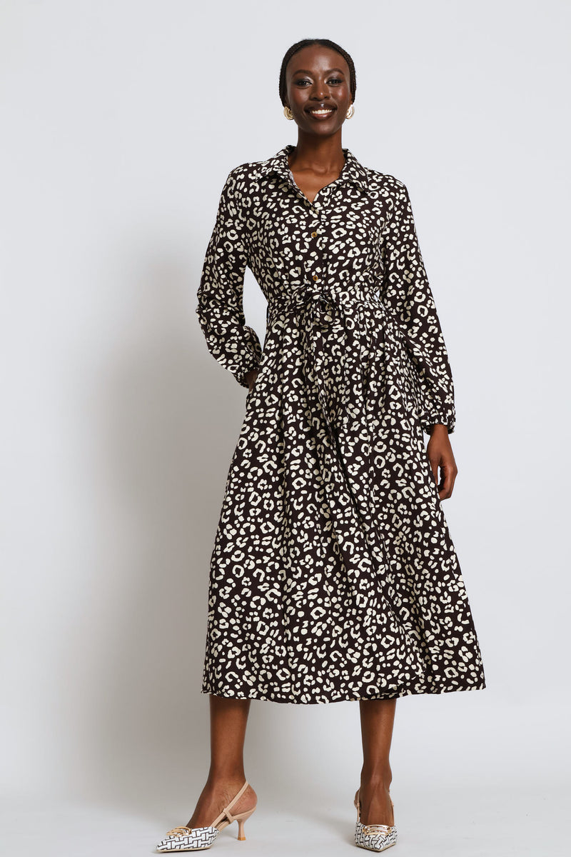 Utility Pocket Fit & Flair Pleated Midaxi Shirt Dress - Cream/Chocolate