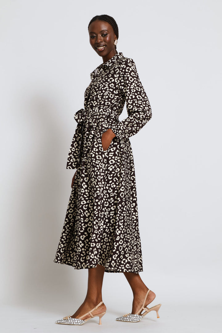 Utility Pocket Fit & Flair Pleated Midaxi Shirt Dress - Cream/Chocolate