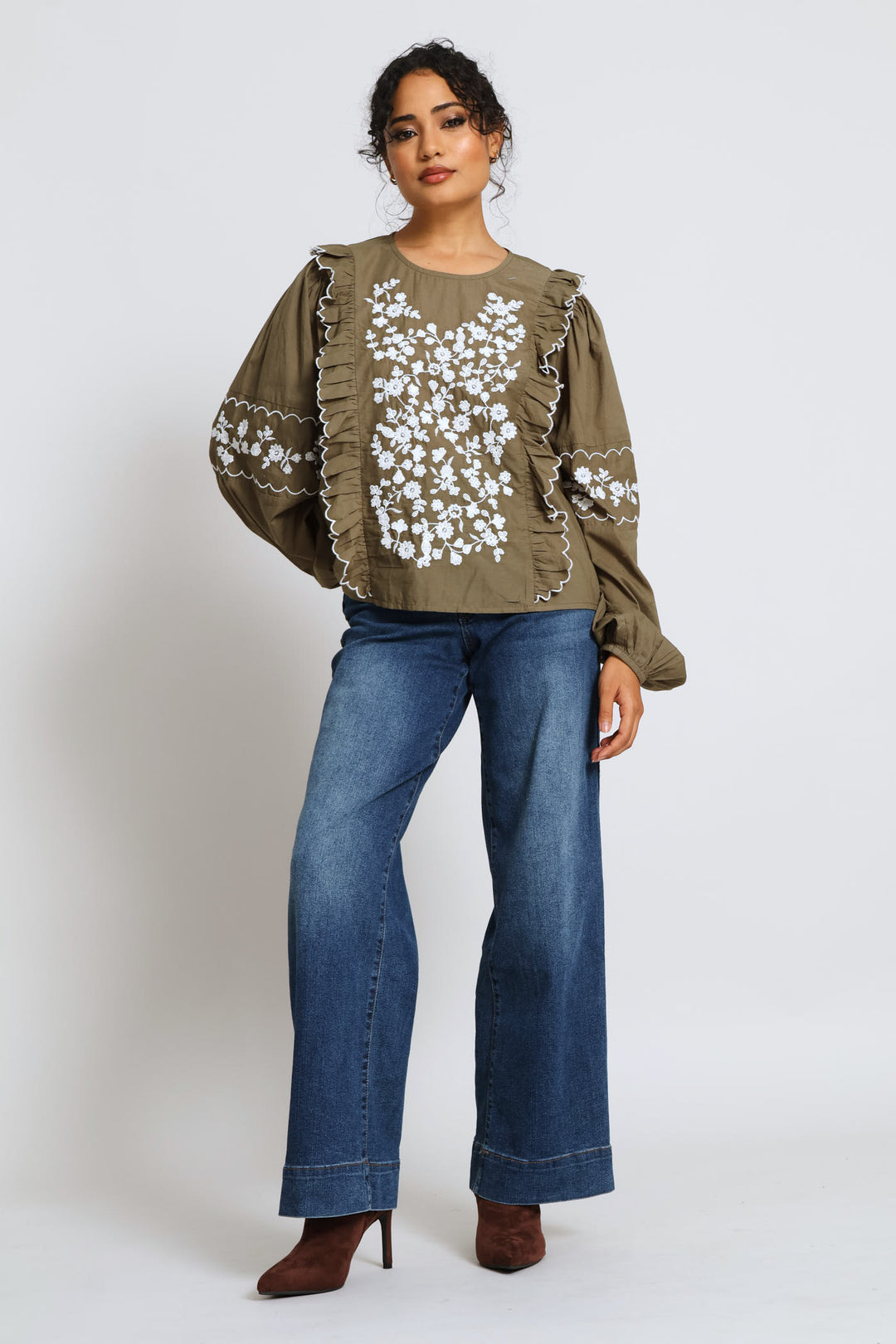 Long Sleeve Frill Detail Embroidered Blouse - Fatigue
