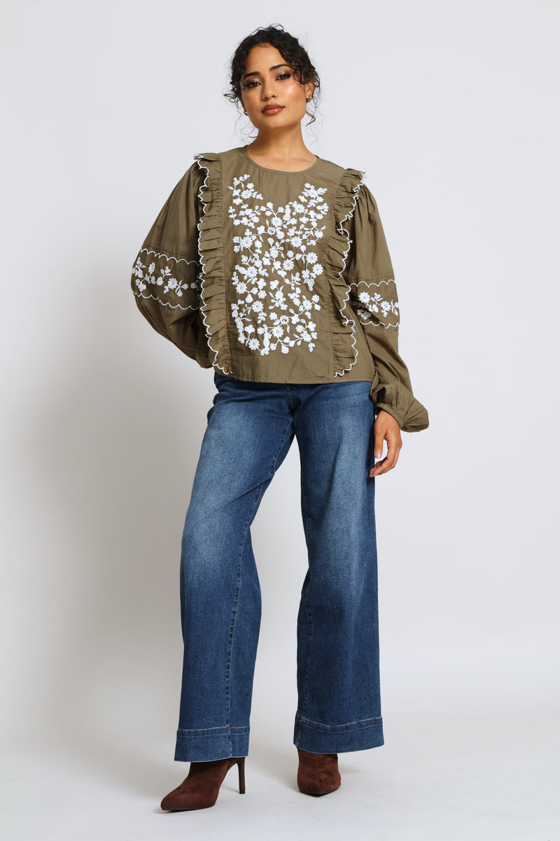Long Sleeve Frill Detail Embroidered Blouse - Fatigue