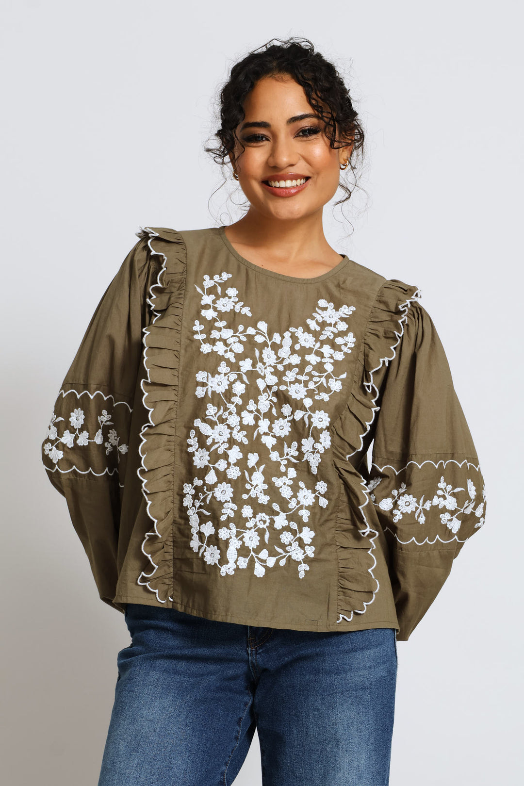 Long Sleeve Frill Detail Embroidered Blouse - Fatigue