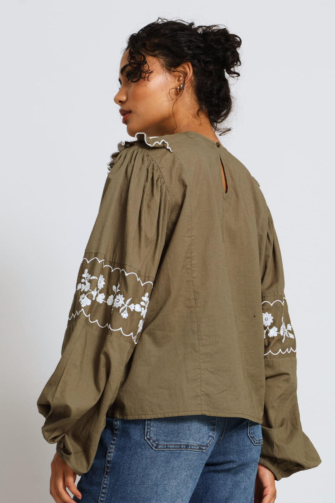 Long Sleeve Frill Detail Embroidered Blouse - Fatigue