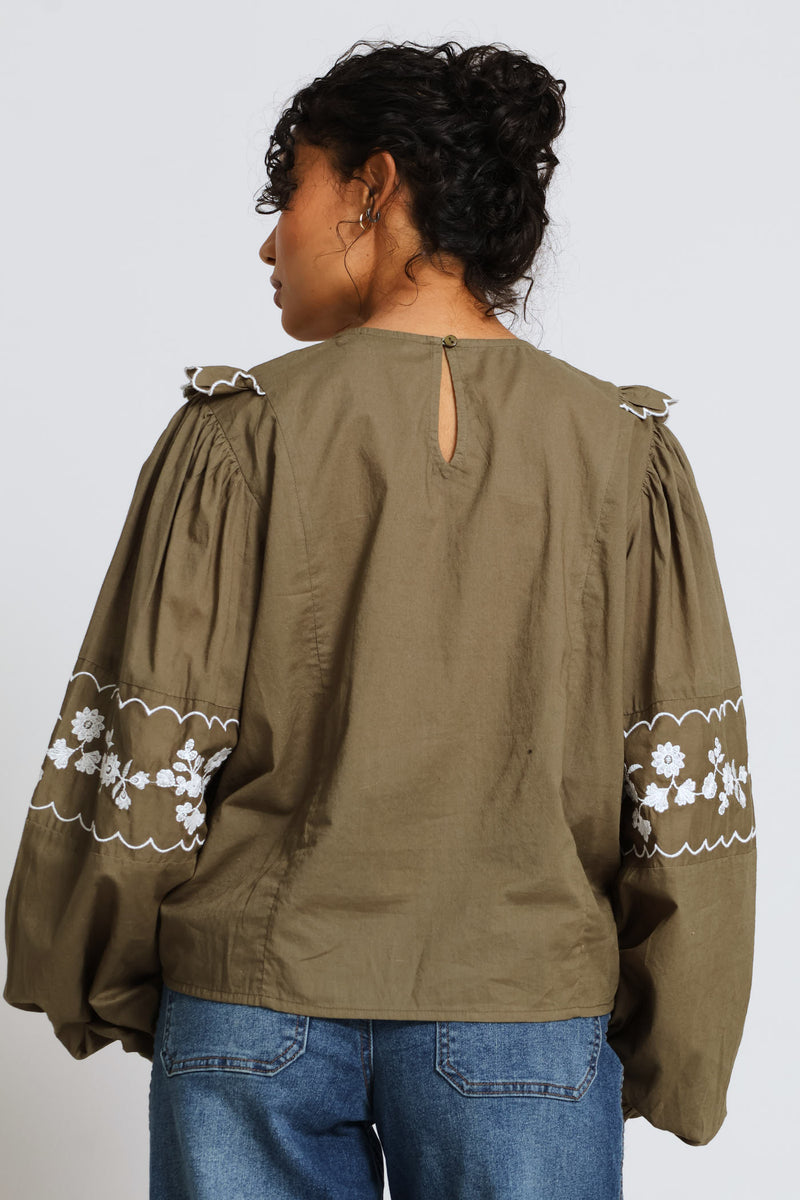 Long Sleeve Frill Detail Embroidered Blouse - Fatigue