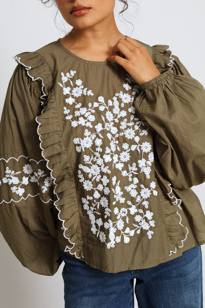 Long Sleeve Frill Detail Embroidered Blouse - Fatigue