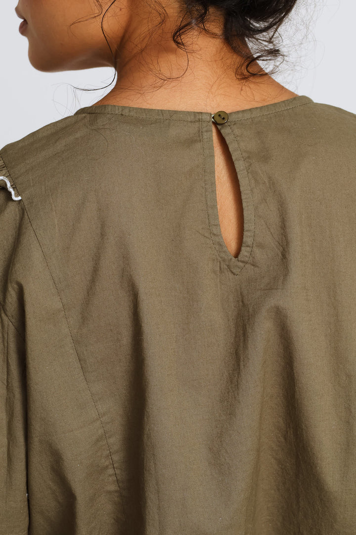 Long Sleeve Frill Detail Embroidered Blouse - Fatigue