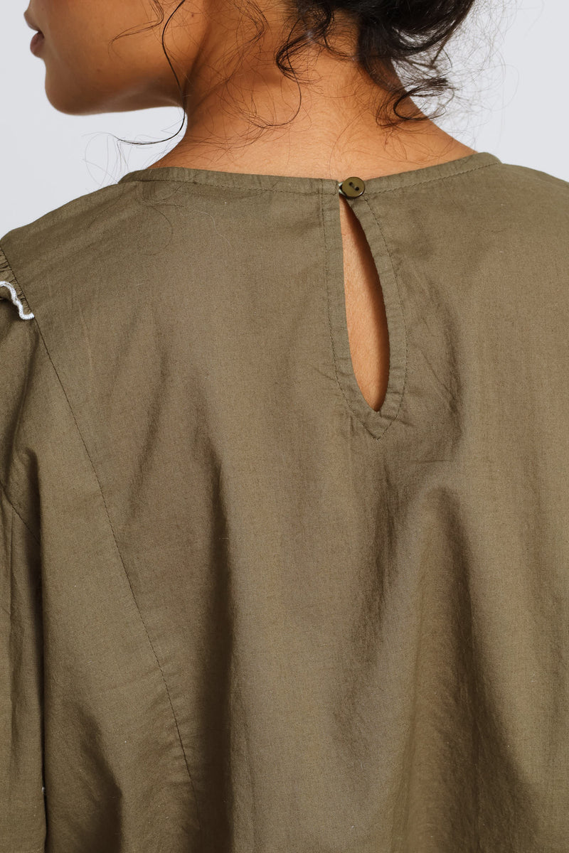 Long Sleeve Frill Detail Embroidered Blouse - Fatigue