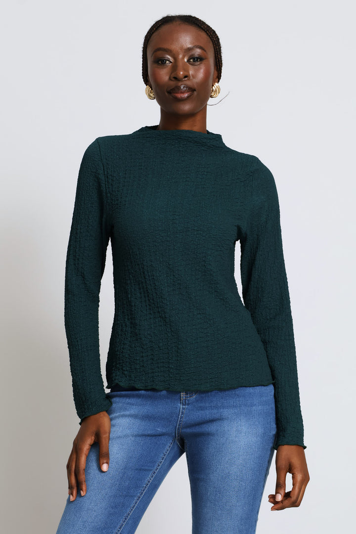 Long Sleeve Lettuce Hem Crinkle Tee - Teal