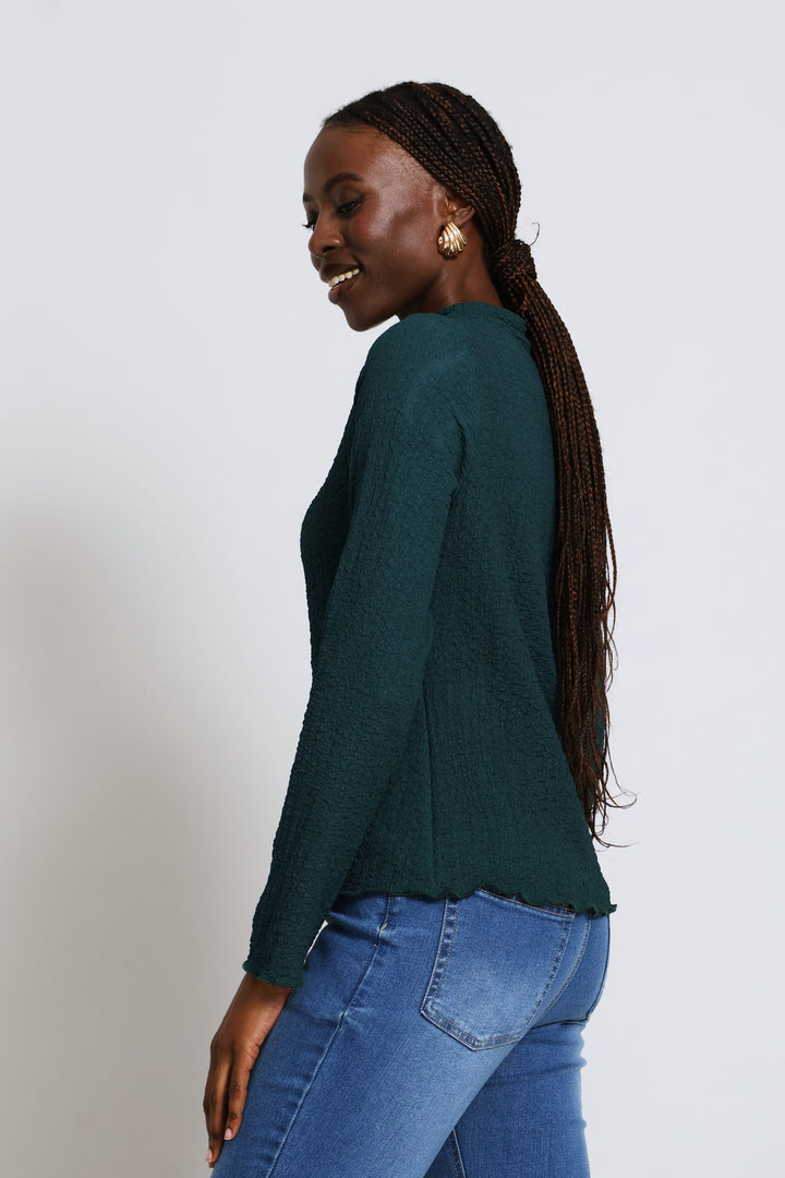 Long Sleeve Lettuce Hem Crinkle Tee - Teal